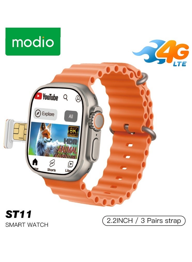 Modio ST11 Smartwatch 2.2 Inch Large Screen Display 3 Pair Straps and 4G Sim Card Slot for Ladies and Gents - Image 1